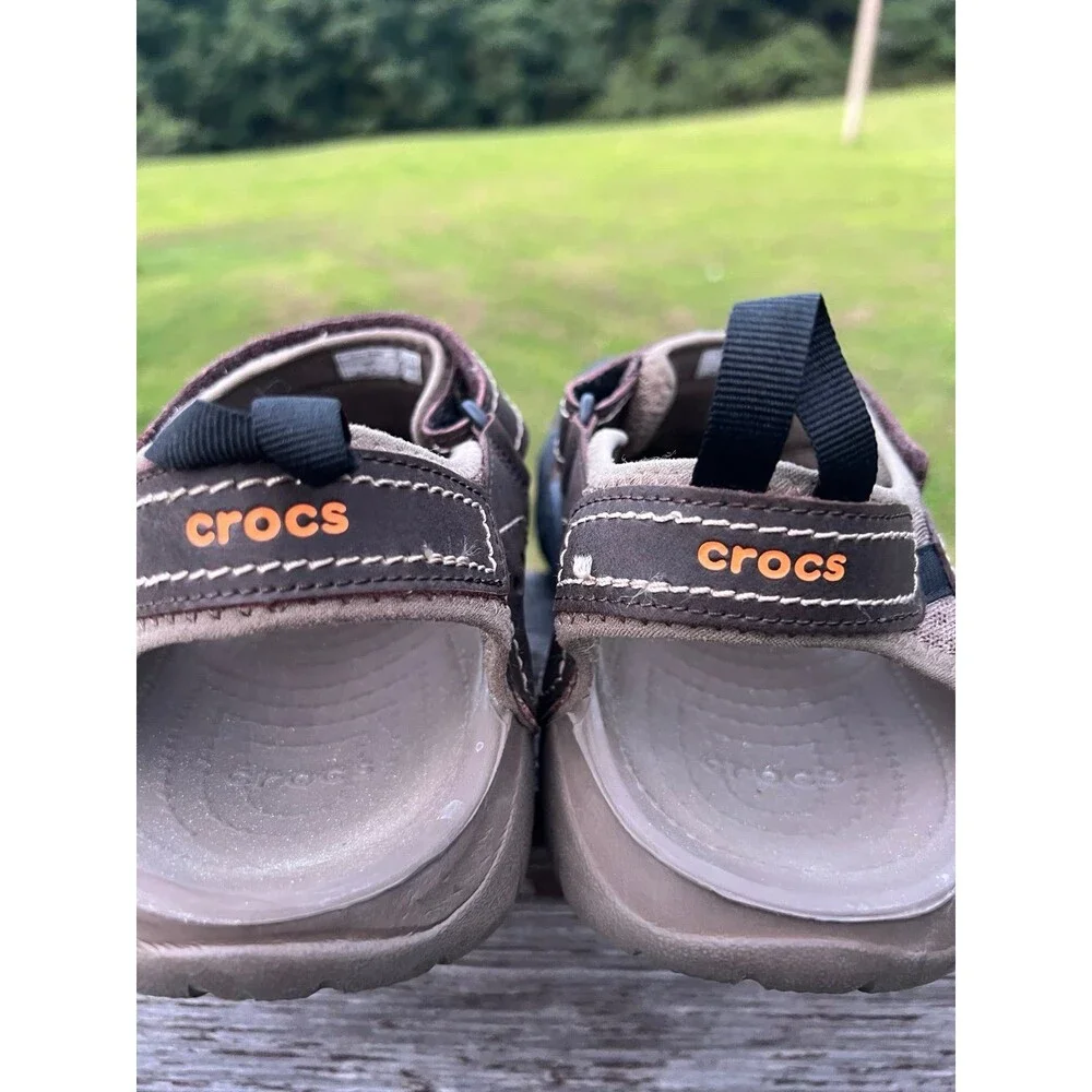 Crocs Swiftwater Fisherman Sandals Mens Sz 12 Brown Leather 204562 Hiking Trail